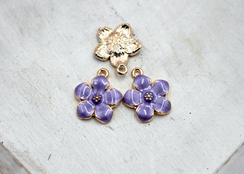 Purple Flower Charm, 17mm x 15mm, Gold Plated Brass, Sold As 2 Pieces.